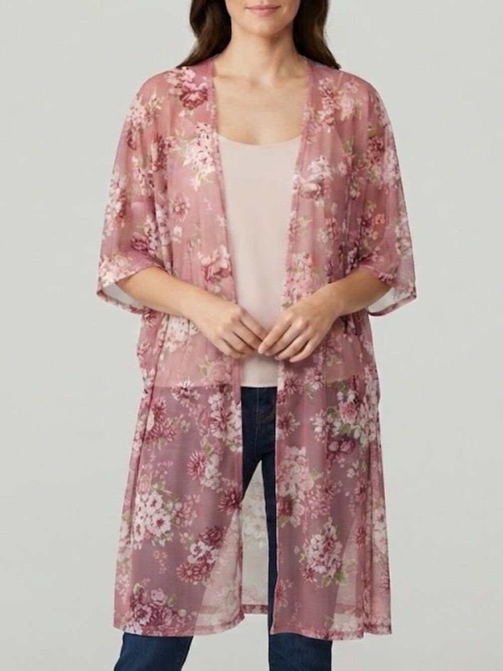 Pink Floral Open-Front Kimono Cardigan